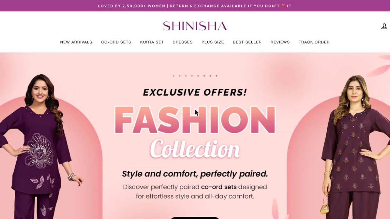 Shinisha homepage showing its women's fashion collection